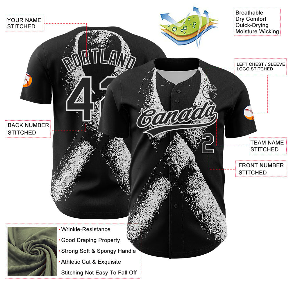 Custom Black White 3D Skin Cancer Ribbon Authentic Baseball Jersey - Sky-Custom
