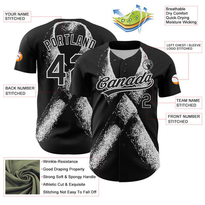 Custom Black White 3D Skin Cancer Ribbon Authentic Baseball Jersey - Sky-Custom