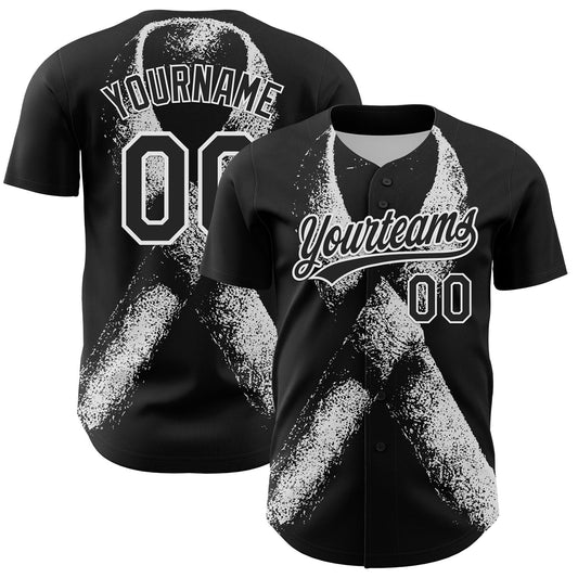 Custom Black White 3D Skin Cancer Ribbon Authentic Baseball Jersey - Sky-Custom