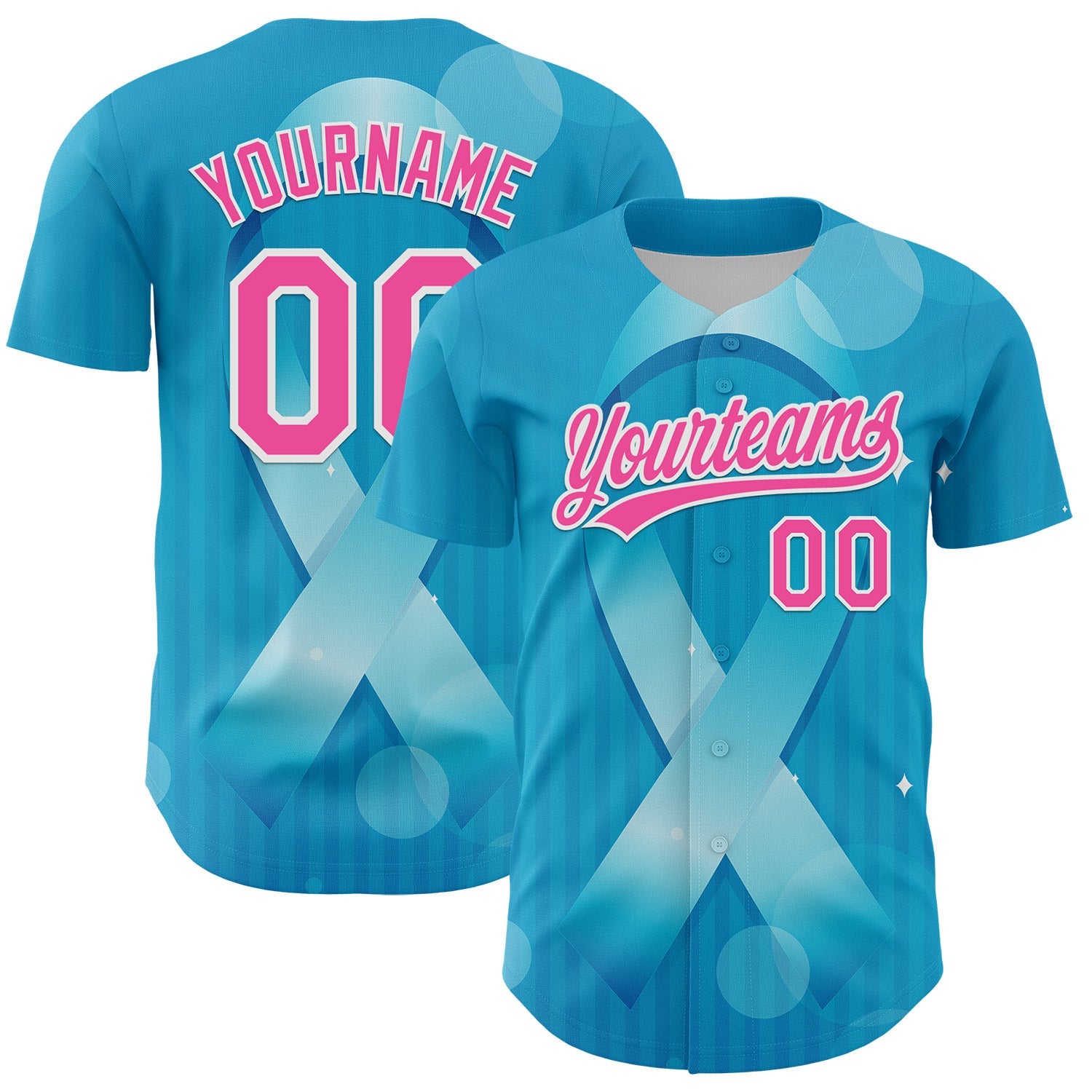 Custom Sky Blue Pink-White 3D Prostate Cancer Ribbon Authentic Baseball Jersey - Sky-Custom