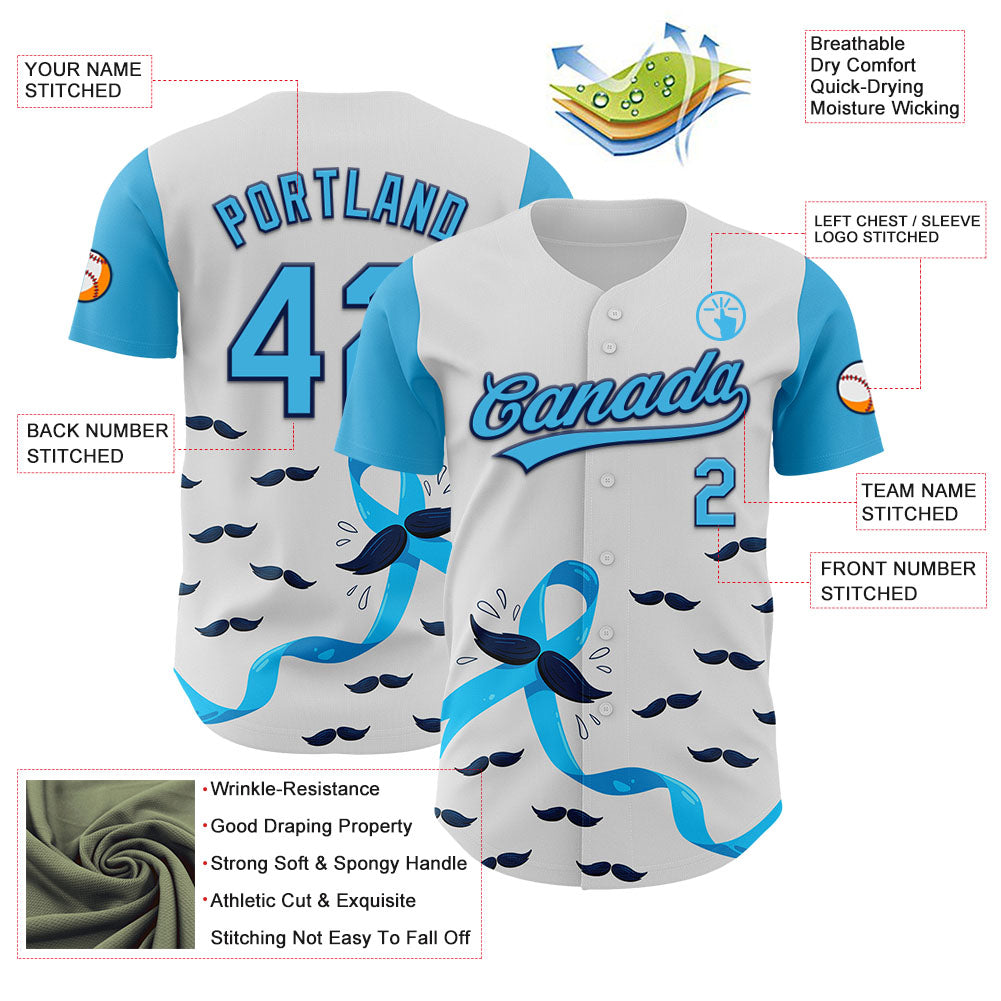Custom White Sky Blue-Navy 3D Prostate Cancer Ribbon Authentic Baseball Jersey - Sky-Custom