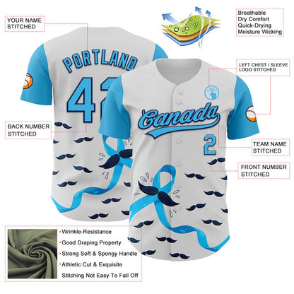 Custom White Sky Blue-Navy 3D Prostate Cancer Ribbon Authentic Baseball Jersey - Sky-Custom