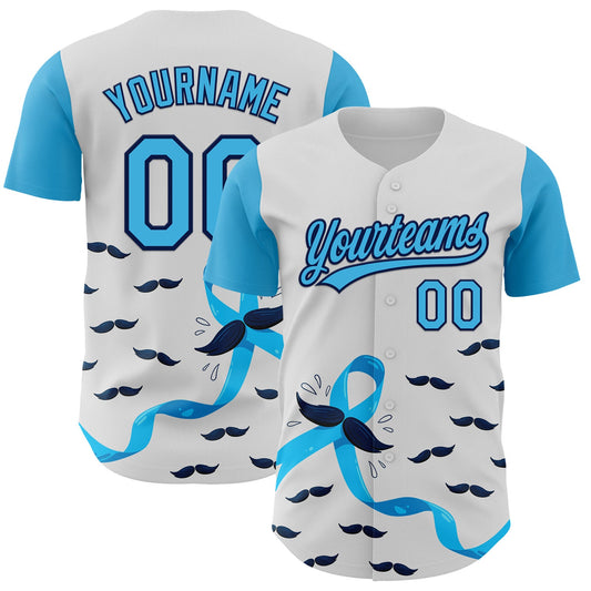 Custom White Sky Blue-Navy 3D Prostate Cancer Ribbon Authentic Baseball Jersey - Sky-Custom