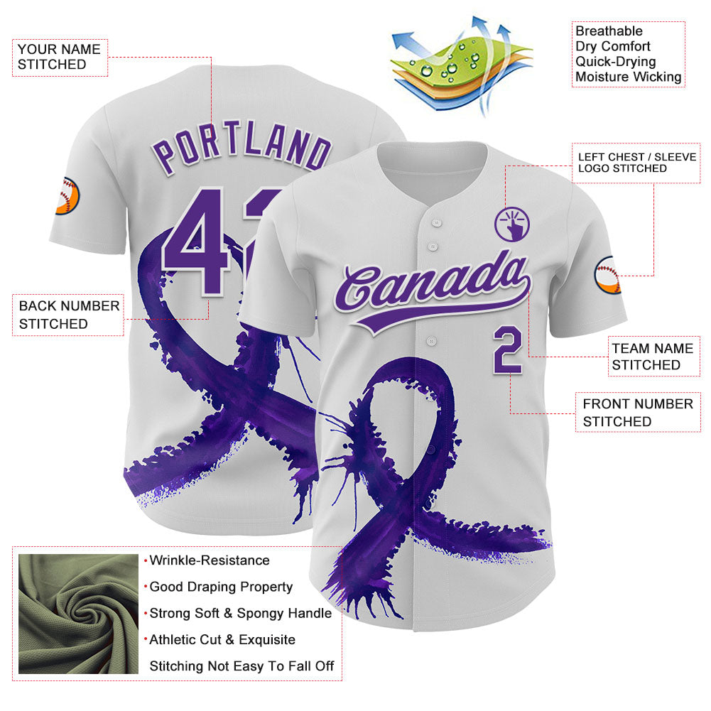 Custom White Purple 3D Testicular Cancer Ribbon Authentic Baseball Jersey - Sky-Custom