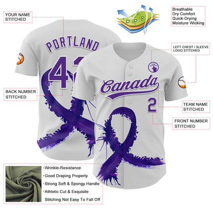 Custom White Purple 3D Testicular Cancer Ribbon Authentic Baseball Jersey - Sky-Custom