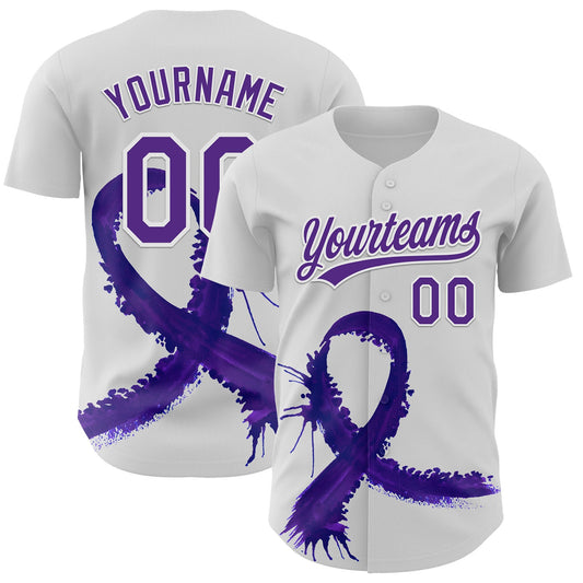Custom White Purple 3D Testicular Cancer Ribbon Authentic Baseball Jersey - Sky-Custom