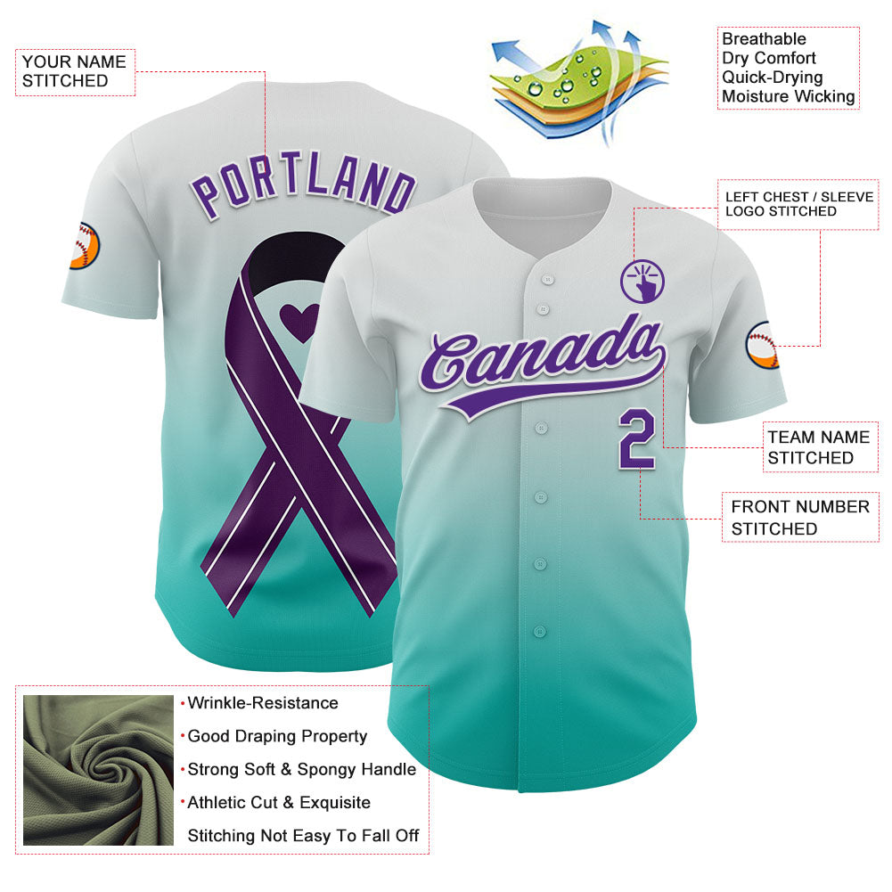 Custom White Purple-Aqua 3D Testicular Cancer Ribbon Authentic Baseball Jersey - Sky-Custom
