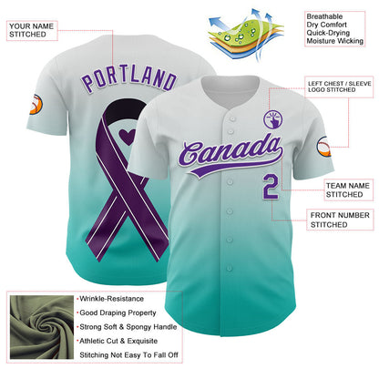 Custom White Purple-Aqua 3D Testicular Cancer Ribbon Authentic Baseball Jersey - Sky-Custom