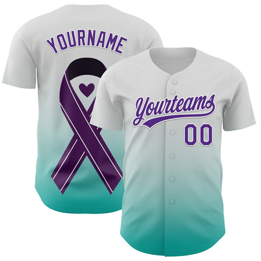 Custom White Purple-Aqua 3D Testicular Cancer Ribbon Authentic Baseball Jersey - Sky-Custom