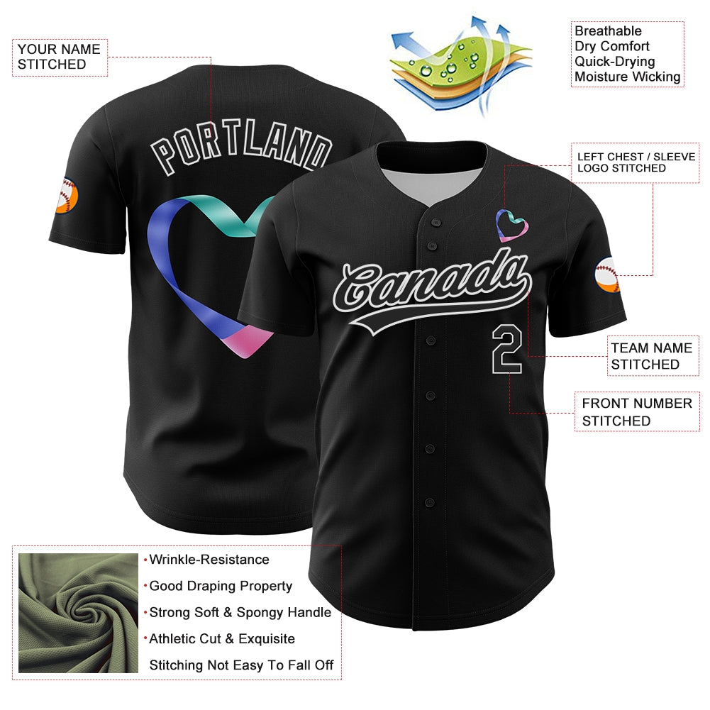 Custom Black White 3D Thyroid Cancer Ribbon Authentic Baseball Jersey - Sky-Custom