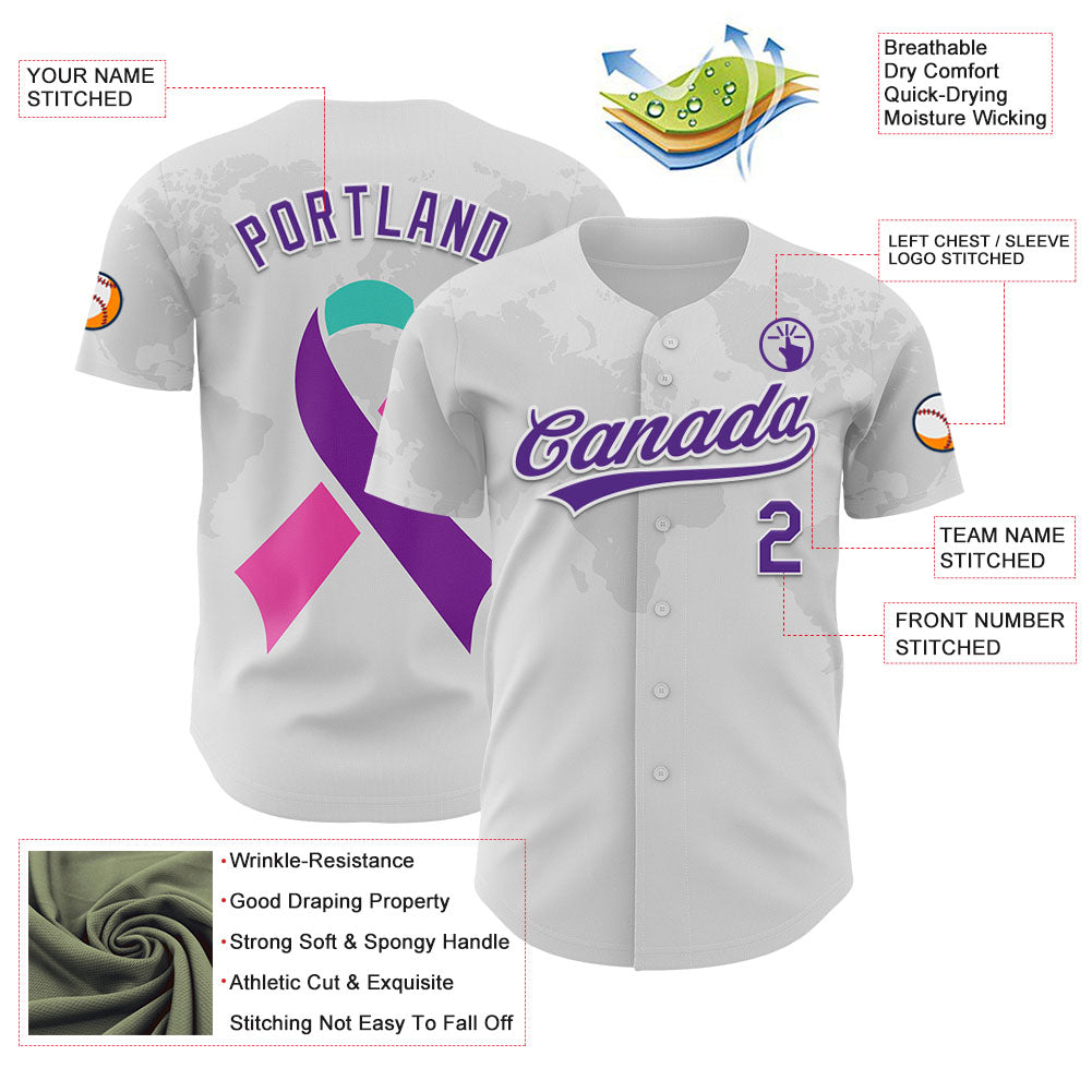 Custom White Purple 3D Thyroid Cancer Ribbon Authentic Baseball Jersey - Sky-Custom