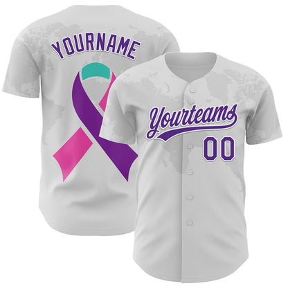 Custom White Purple 3D Thyroid Cancer Ribbon Authentic Baseball Jersey - Sky-Custom