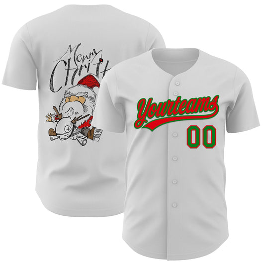 Custom White Fire Red-Grass Green 3D Funny Christmas Authentic Baseball Jersey - Sky-Custom