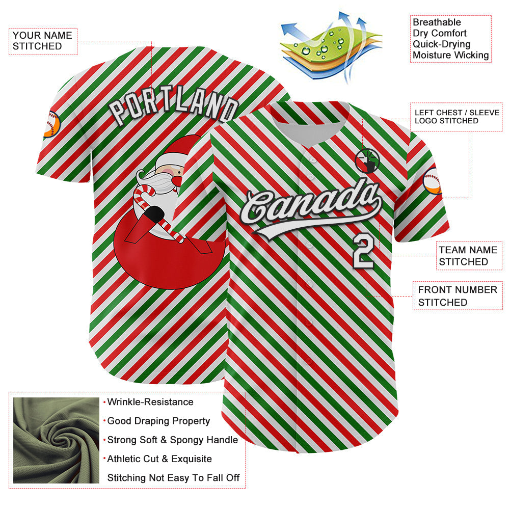 Custom White Black Red-Kelly Green 3D Funny Christmas Authentic Baseball Jersey - Sky-Custom