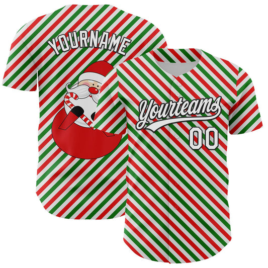 Custom White Black Red-Kelly Green 3D Funny Christmas Authentic Baseball Jersey - Sky-Custom