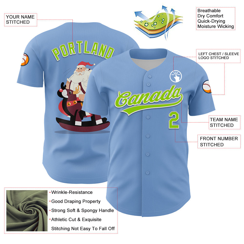 Custom Light Blue Neon Green-White 3D Funny Christmas Authentic Baseball Jersey - Sky-Custom