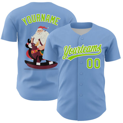 Custom Light Blue Neon Green-White 3D Funny Christmas Authentic Baseball Jersey - Sky-Custom