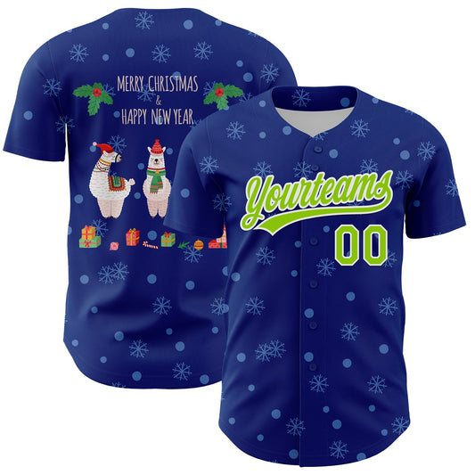 Custom Royal Neon Green-White 3D Funny Christmas Authentic Baseball Jersey - Sky-Custom