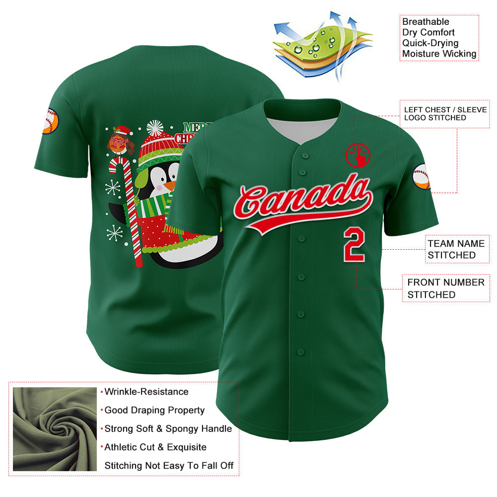 Custom Kelly Green Fire Red-White 3D Funny Christmas Authentic Baseball Jersey - Sky-Custom