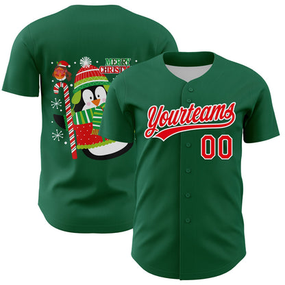 Custom Kelly Green Fire Red-White 3D Funny Christmas Authentic Baseball Jersey - Sky-Custom