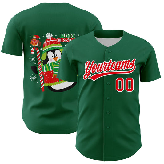 Custom Kelly Green Fire Red-White 3D Funny Christmas Authentic Baseball Jersey - Sky-Custom