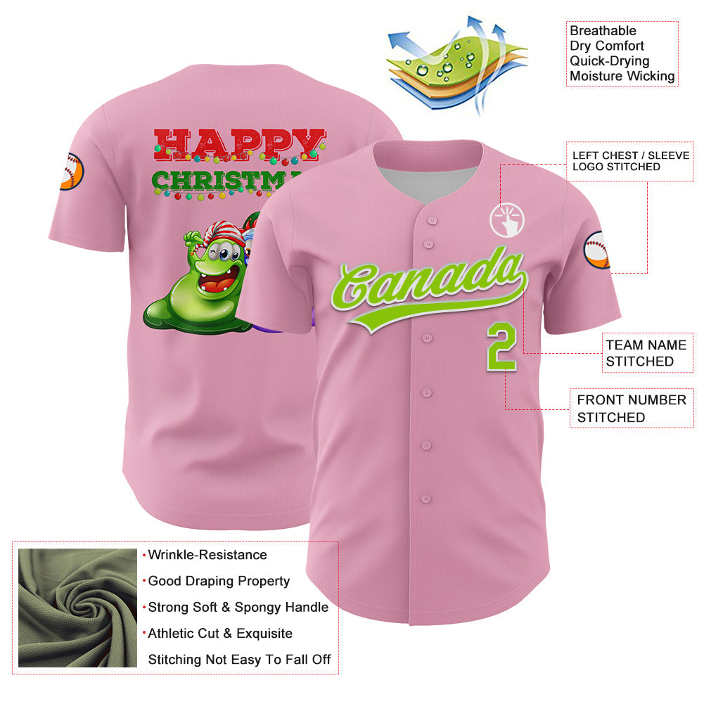 Custom Light Pink Neon Green Red-Kelly Green 3D Funny Christmas Authentic Baseball Jersey - Sky-Custom