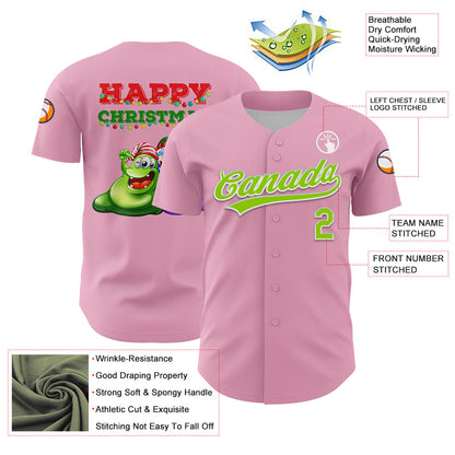 Custom Light Pink Neon Green Red-Kelly Green 3D Funny Christmas Authentic Baseball Jersey - Sky-Custom