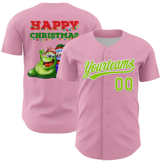 Custom Light Pink Neon Green Red-Kelly Green 3D Funny Christmas Authentic Baseball Jersey - Sky-Custom