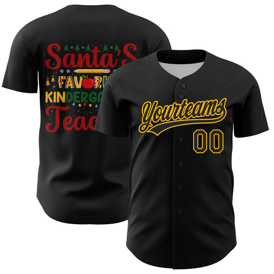 Custom Black Gold Kelly Green-Red 3D Funny Christmas Authentic Baseball Jersey - Sky-Custom