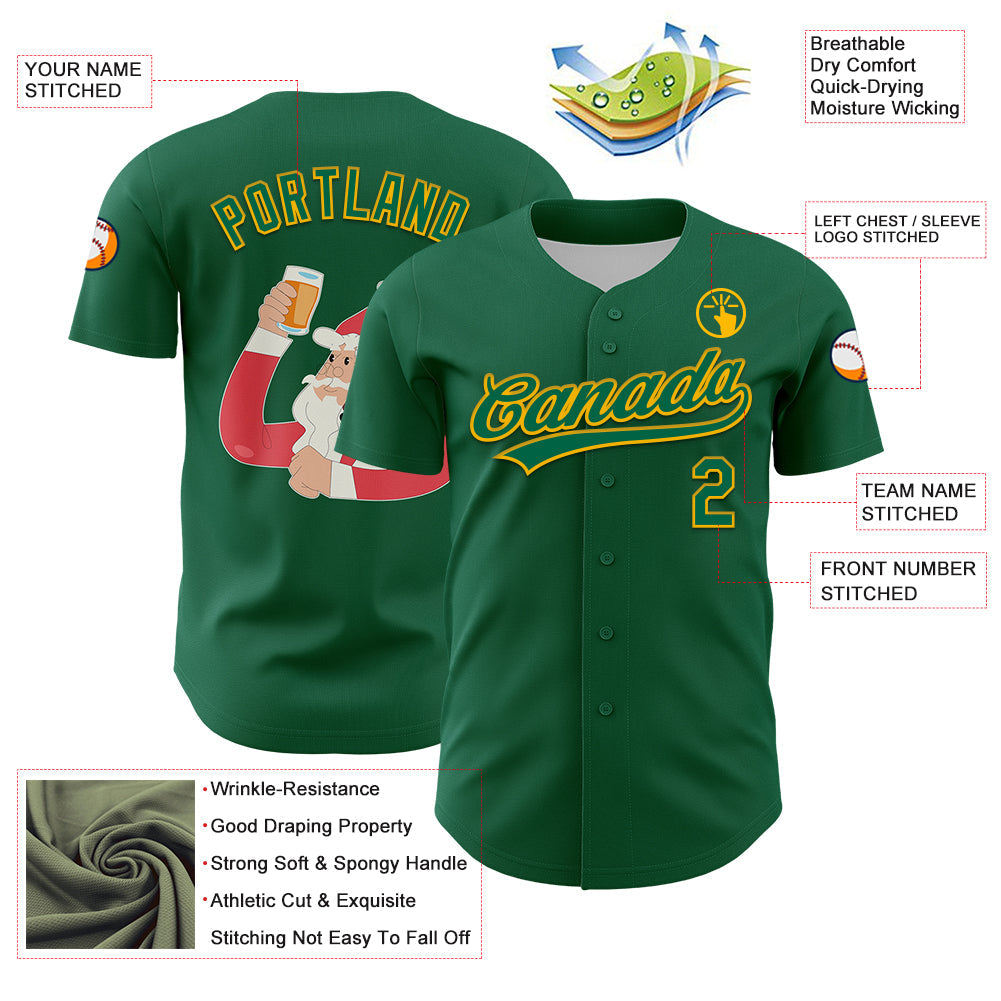 Custom Kelly Green Gold 3D Funny Christmas Authentic Baseball Jersey - Sky-Custom