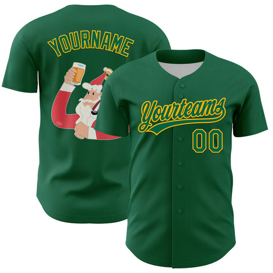 Custom Kelly Green Gold 3D Funny Christmas Authentic Baseball Jersey - Sky-Custom