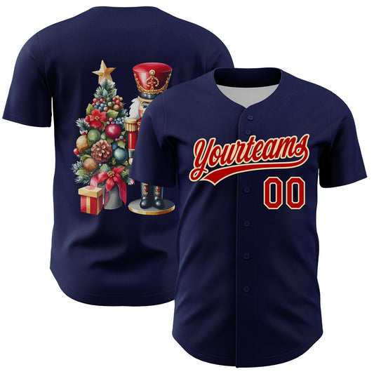 Custom Navy Red-Cream 3D Funny Christmas Authentic Baseball Jersey - Sky-Custom