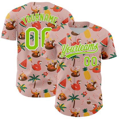 Custom Medium Pink Neon Green-White 3D Funny Christmas Authentic Baseball Jersey - Sky-Custom