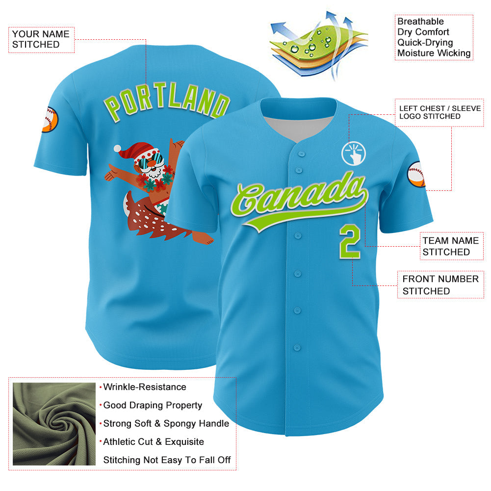 Custom Sky Blue Neon Green-White 3D Funny Christmas Authentic Baseball Jersey - Sky-Custom