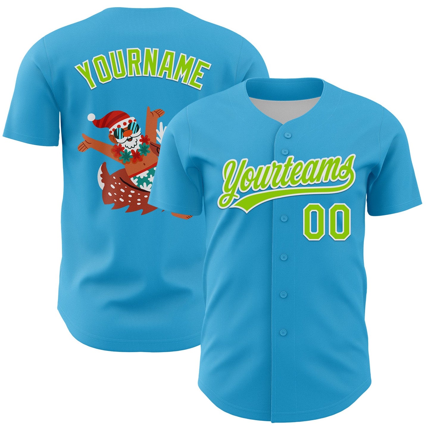 Custom Sky Blue Neon Green-White 3D Funny Christmas Authentic Baseball Jersey - Sky-Custom