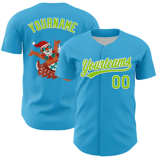 Custom Sky Blue Neon Green-White 3D Funny Christmas Authentic Baseball Jersey - Sky-Custom