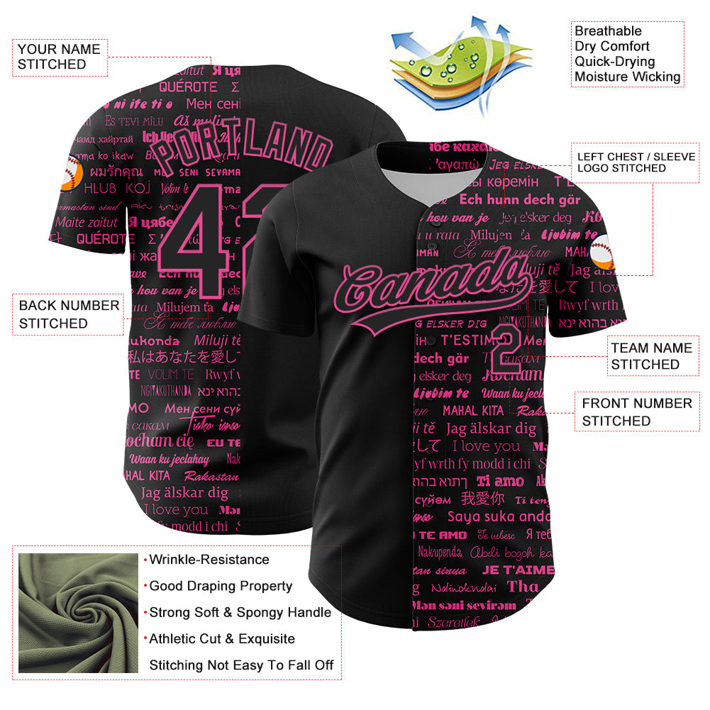Custom Black Pink 3D Love Valentine's Day Authentic Baseball Jersey - Sky-Custom