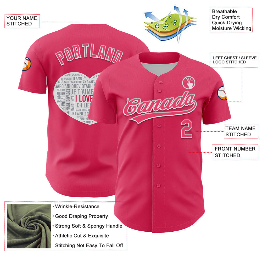 Custom Neon Pink White 3D Love Heart Valentine's Day Authentic Baseball Jersey - Sky-Custom