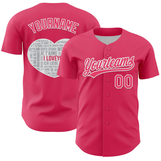 Custom Neon Pink White 3D Love Heart Valentine's Day Authentic Baseball Jersey - Sky-Custom