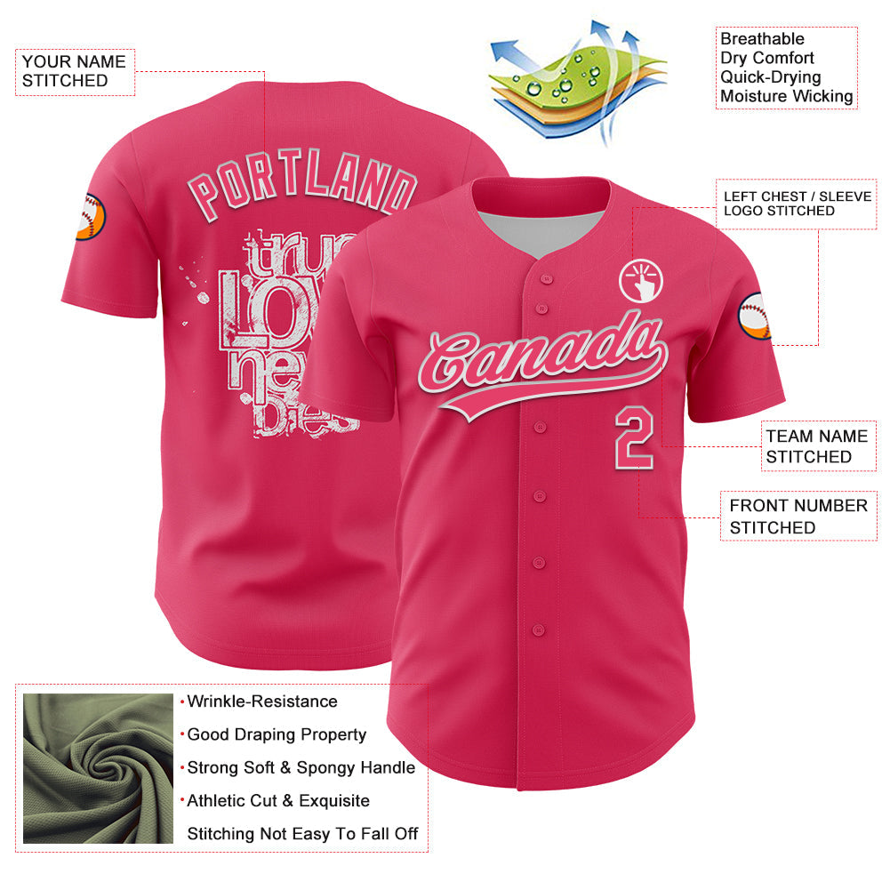 Custom Neon Pink White 3D Love Heart Valentine's Day Authentic Baseball Jersey - Sky-Custom