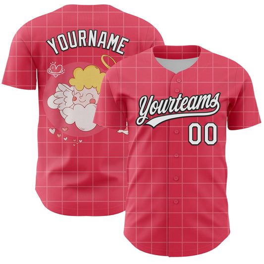 Custom Neon Pink White-Black 3D Love Heart Valentine's Day Authentic Baseball Jersey - Sky-Custom