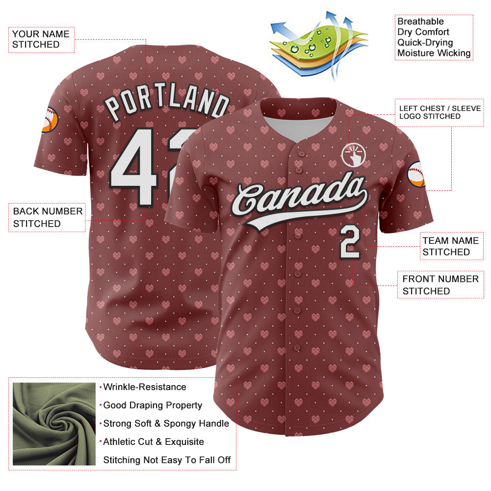 Custom Brown White-Black 3D Love Heart Valentine's Day Authentic Baseball Jersey - Sky-Custom