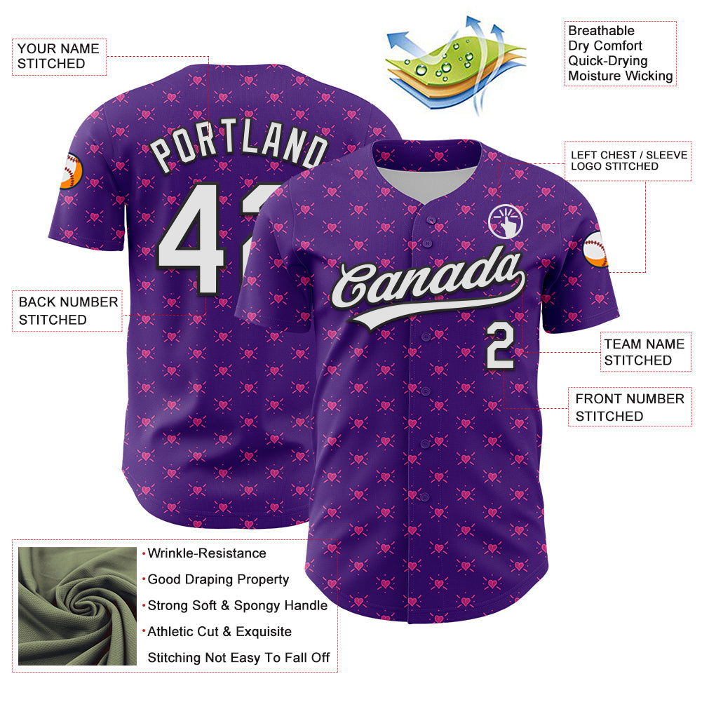 Custom Purple White-Black 3D Love Heart Valentine's Day Authentic Baseball Jersey - Sky-Custom