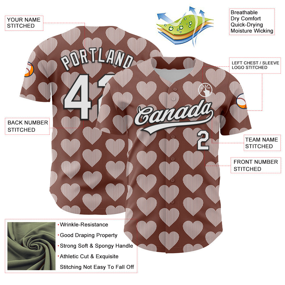 Custom Brown White-Black 3D Love Heart Valentine's Day Authentic Baseball Jersey - Sky-Custom