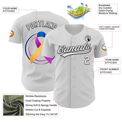 Custom White Purple Yellow Navy-Black 3D Bladder Cancer Ribbon Authentic Baseball Jersey - Sky-Custom