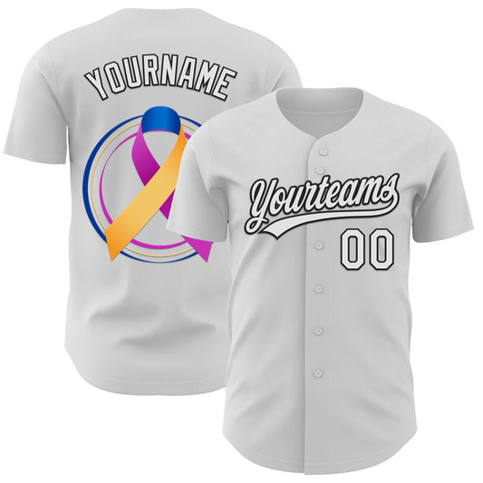 Custom White Purple Yellow Navy-Black 3D Bladder Cancer Ribbon Authentic Baseball Jersey - Sky-Custom