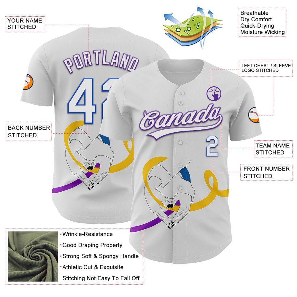 Custom White Purple Thunder Blue-Yellow 3D Bladder Cancer Ribbon Authentic Baseball Jersey - Sky-Custom