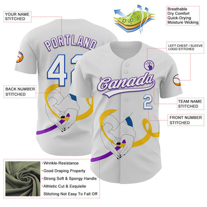 Custom White Purple Thunder Blue-Yellow 3D Bladder Cancer Ribbon Authentic Baseball Jersey - Sky-Custom
