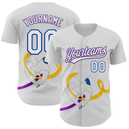 Custom White Purple Thunder Blue-Yellow 3D Bladder Cancer Ribbon Authentic Baseball Jersey - Sky-Custom