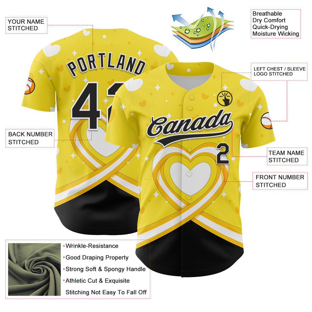 Custom Yellow Black-White 3D Bone Cancer Ribbon Authentic Baseball Jersey - Sky-Custom